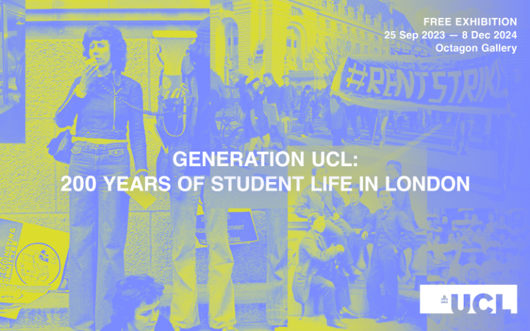 Exhibition graphic featuring a collage of archive student images in blue and lime green. Overlaid in white is the text 'Generation ӰԺ: 200 Years of Student Life in London, FREE EXHIBITION, 25 Sep 2023 - 8 Dec 2024, Octagon Gallery' and the ӰԺ logo.