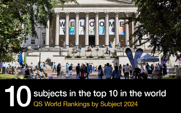 Image of ӰԺ portico with text: 10 subjects ranked in the top 10 in the world, QS World University Rankings by Subject